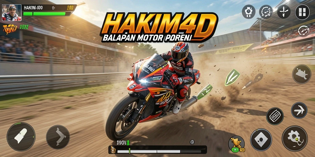 Gameplay seru HAKIM4D dengan balapan motor yang mendebarkan.